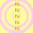 Yellow background with four pink concentric circles, each containing vertical orange text reading 'hi' repeated five times.