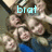 Group of people in a crowded pose with blue and brown clothing, text overlays changing from 'brat' to 'paek' to '<3' in light blue.