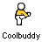 Two static frames of a pixelated yellow stick figure performing a kicking motion on a gray background with "Coolbuddy" text below.