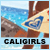 Pixelated static image of a beach scene with blue water, brown cliffs, and yellow sand beneath the text "CALIGIRLS" in black block letters on a light blue background.