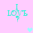 Pixelated cyan text "I LOVE ?" on pink background with light blue hearts, animated heart positions.