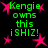 Green pixelated text 'Kengie owns this iSHIZ!' surrounded by pink star shapes on a black background.