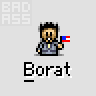 Animated contact sheet of 18 pixel art frames showing a cartoon character named Borat with various expressions, gestures, and speech bubbles in a gray background grid layout.