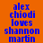 A static image with orange background displaying blue text 'alex chiodi loves shannon martin' in three , with green rectangular blocks appearing in different positions across the image