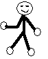Pixelated stick figure with round head and smiling face, black body, white hands and feet, in walking pose with arms and legs in motion.