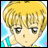 A 48x48 pixel buddy icon featuring a split composition with an anime-style character on the left and text elements on the right against a black background.