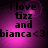 Pixelated text on a purple gradient background with a subtle circular pattern, showing 'i love tizz and bianca<3' in four repeated