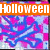Pixelated Halloween-themed icon with orange text banners and a blue skull-and-crossbones on pink background.