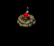 Animated sequence of a character in red and white armor standing on a stone platform, firing projectiles with a cannon-like weapon against black background.