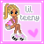 Pixel art icon of a blonde girl with blue eyes holding a pink drink, wearing a brown outfit and white sneakers with black accents on a light purple background.