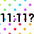 Pixelated text on a white background with colorful dot pattern, showing time and name-related phrases.