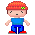Pixel art contact sheet showing two frames of a cartoon character with orange helmet, blue shirt, and red shoes in static pose on gray background.