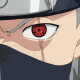 Anime character's eye with red pupil and black sclera, partially covered by dark fabric mask, showing subtle animation changes in eyelid position across frames.