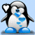 Pixelated penguin with blue accents and heart symbols in four positions: top-left holds heart, top-right has heart to right, bottom-left holds heart, bottom-right has heart to right.