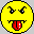 Two yellow circular pixel art faces side-by-side; left face has winking eyes and a tongue sticking out, right face has smiling eyes and mouth.