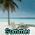 Beach scene with palm tree and lounge chairs under blue sky, text 'Summer' in cyan pixelated font changing character by character.
