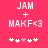 Pixelated text and symbols on a solid pink background with two identical static frames showing 'JAM + MAKF<3' above four heart icons.