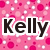 Pixelated pink background with white and magenta dots, featuring bold black text 'Kelly' in a white-outlined font.