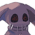 Pixelated purple cartoon character with large black eyes, brown pupils, and a small mouth showing teeth against white background.