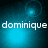 A four- of blue-toned animated icons with the text 'dominique' in white pixelated font, each showing a different circular light effect