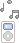 Pixelated music-themed buddy icon with a white rectangular device, blue screen, gray circular control, and floating musical notes on gray background.