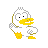 Four 48x48 pixel animated frames of a white duck mascot with yellow beak and feet, arranged in a 2x2 contact sheet on gray background.