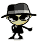 Animated cartoon character in black suit and fedora performing sequential movements against gray background.