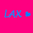 A bright pink background displays blue text 'LAX' with a heart symbol between two instances of 'LAX', and a small blue heart in the bottom right corner.