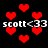 Pixelated red hearts float against a black background with repeated white text reading "scott<33" in two horizontal