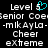 Pixelated text displays 'Level 5' with a cyan heart symbol, 'Senior Coe', '-mIKAyLa-', 'Cheer', and 'extreme' on a black background.