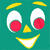 Pixelated cartoon face with large white eyes, red pupils, yellow eyebrows and mouth, on a teal background.