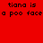 Red background with four identical text blocks reading "tiana is a poo face" and two white circular gradients in bottom-left and top-right quadrants.