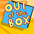 A 512x256 pixel contact sheet displaying two animated frames of a buddy icon with "OUT OF THE BOX" text on the left and "OriginalIcons.com" text on the right, both rendered in pixelated style against colored backgrounds.