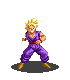 Pixel art character in purple outfit with red belt and yellow shoes, shown in five sequential poses against gray background.