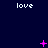 Dark blue background with repeated white 'love' text and scattered pink pixelated symbols including plus signs, stars, X's, dots, and small clusters.