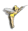 Animated fairy figure in yellow dress with translucent wings holding a wand, shown in four sequential poses against gray background.