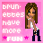 Pixel art contact sheet of four animated frames showing a cartoon woman with long brown hair in various poses against pink backgrounds, each frame containing text about brunettes having fun.