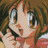 A 48x48 pixel buddy icon featuring a split composition with an anime-style character on the left and text elements on the right against a black background.