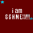 Red background with white text 'i am SGHNEM!!' and scattered blue and dark gray stars in a of