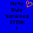 Blue background with black pixelated text reading 'Mets Rule Yankees STINK !' and an orange heart symbol above the right-side text.
