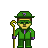 Pixel art character in green suit with purple accents holding a golden cane, wearing a green hat with a purple question mark, brown hair visible beneath the hat, yellow face, dark eyes, and a neutral expression.