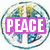 A static icon features a pixelated globe with green and blue landmasses encircled by a teal ring, overlaid by bold white text reading "PEACE" on a magenta rectangle.