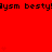 Red background with repeated black text 'bysm besty' and faint heart symbols, partially obscured by a gray rectangle in the bottom-right corner.