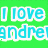 Green background with blue text reading "I love andrew" on left, "FOR eva!" on right; two interlocked hearts drawn in sand below.