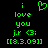 Green pixelated text and symbols on black background with heart symbol above 'i love you' text, timestamped 8.3.09.