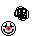 Pixelated circular icons with red noses and black-and-white faces alternate with black-and-white abstract shapes on a gray background.
