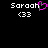 Pixelated text 'Saraah' with a pink heart symbol replacing the 'h', and '<33' below, displayed on a black background.