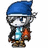 Pixelated character with blue hat and orange vest stands beside green text on black background.