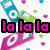 Pixelated image with repeating blue and pink MP3 player icons, scattered hearts, and bold text reading "la la la" and "rock on" in bright pink.