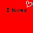 Red background with two black text phrases "I loves" and a white pixelated heart symbol above the left phrase.